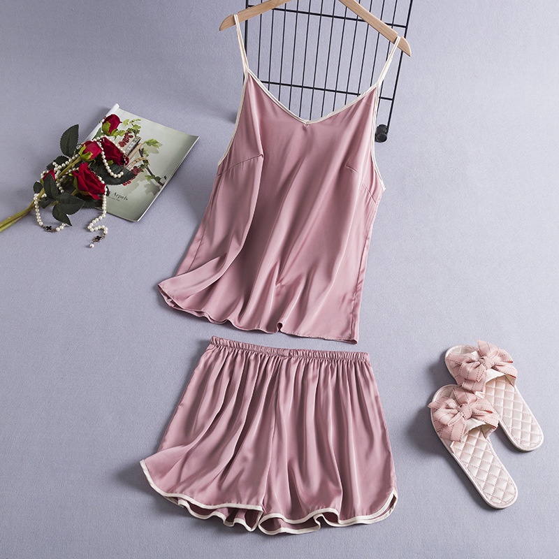 Set đồ ngủ vải lụa satin lạnh mềm mại dáng rộng màu trơn phong cách đơn giản thời trang cho nữ