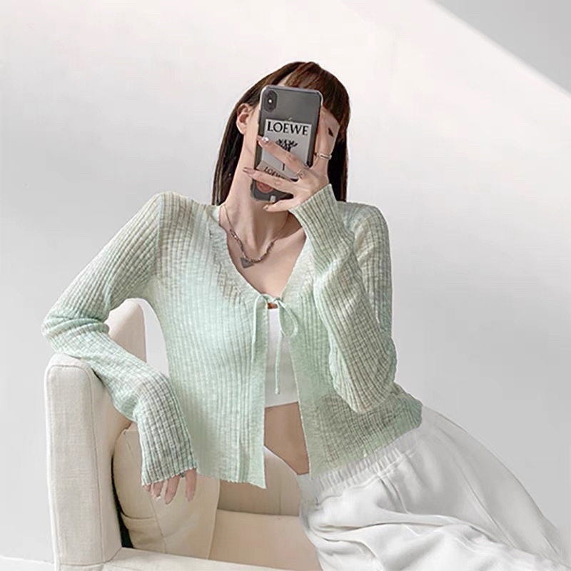 Áo len khoác mỏng cardigan - len dệt kim bảng màu pastel kiểu buộc sexy