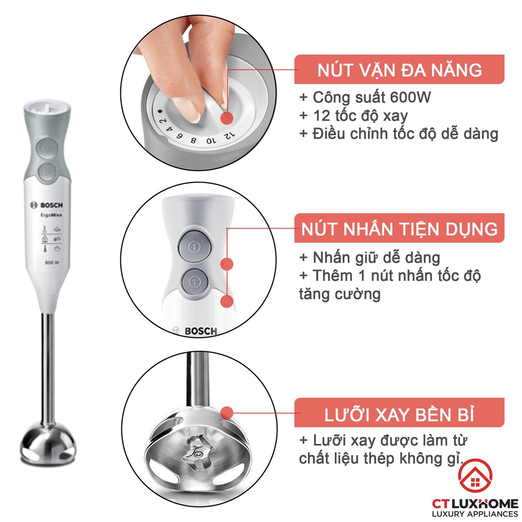 Máy xay thực phẩm cầm tay Bosch MSM66150 12 cấp tốc độ, 600W, 220V, 50/60Hz, Kèm cây đánh trứng