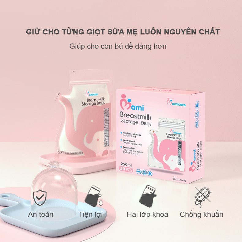 Túi trữ sữa MamiCare 250ml, Kichilachi  (TẶNG 1 Bút dạ ghi thông tin) chất liệu an toàn, vòi rót tiện dụng - Soleil Home