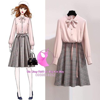 SĐ90 Rập sét áo tay dài cổ nơ + chân váy vintage(xs-xxxl)