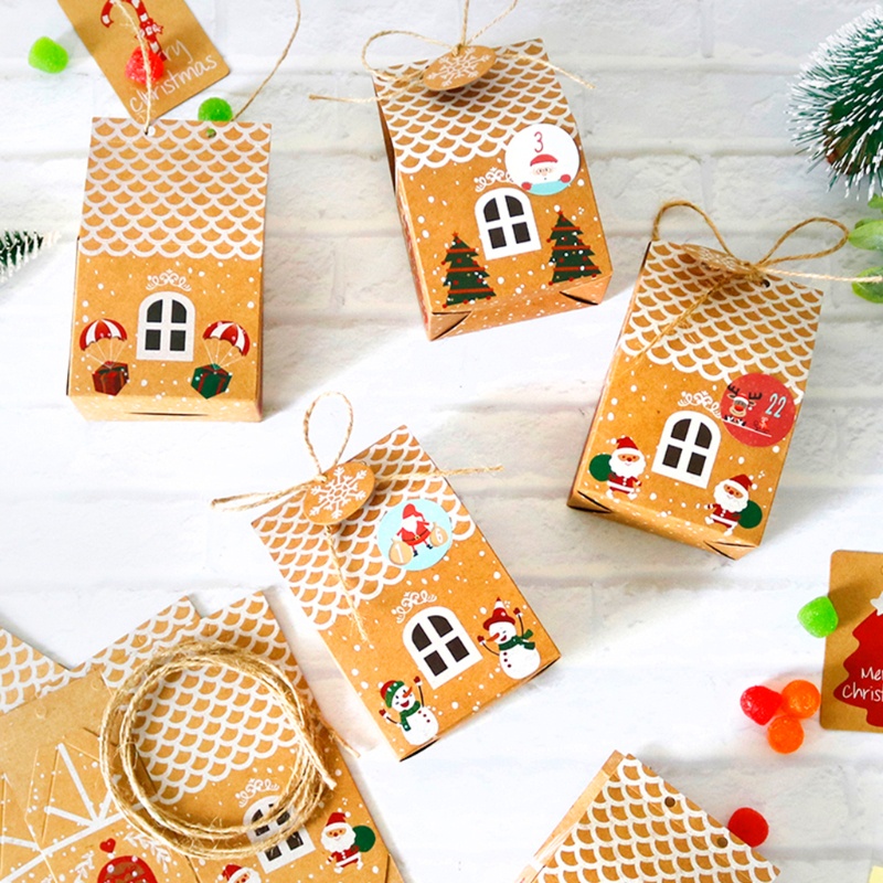 Set 24 bộ hộp đựng bánh kẹo hình ngôi nhà Giáng Sinh có miếng dán lịch mùa vọng 1-24 bằng giấy kraft và dây đay