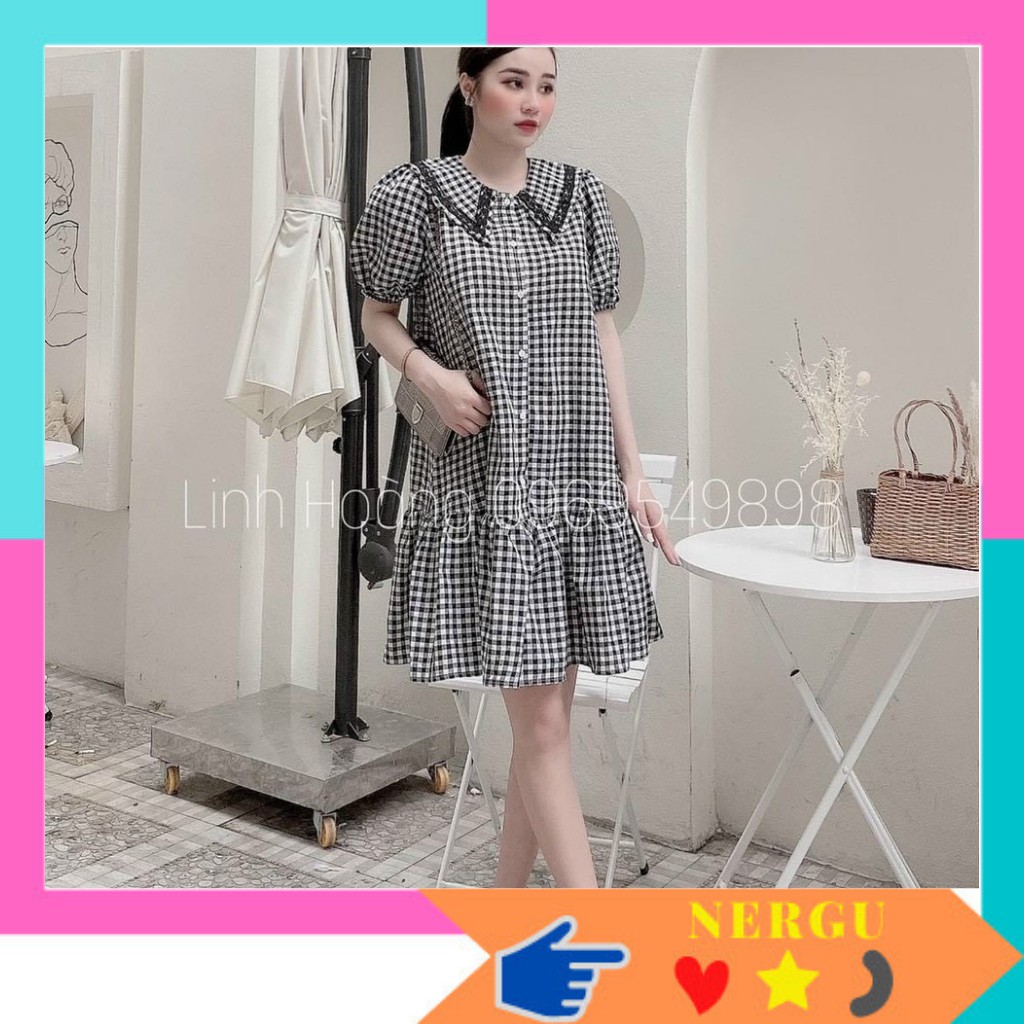 Váy Kẻ Đuôi Cá BabyDoll, Đầm Caro Dáng Suông Chữ A Vải Đũi Mềm Mát