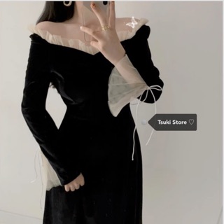 Đầm nhung đen phối thắt nơ siêu sang chảnh kèm ảnh thật👑👑