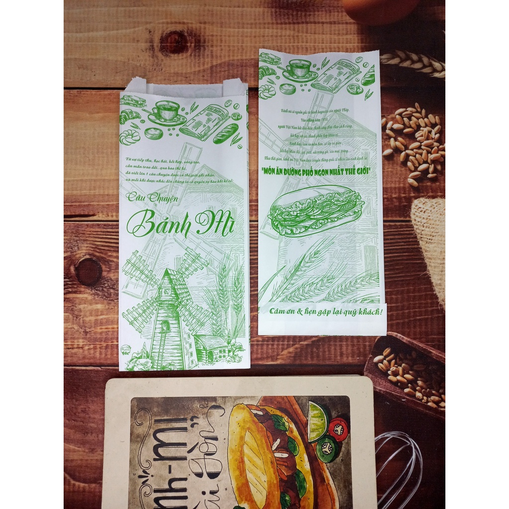 100 túi giấy ĐỰNG BÁNH MÌ TRUYỀN THỐNG Họa Tiết Xanh  / Giấy Thực Phẩm kraft