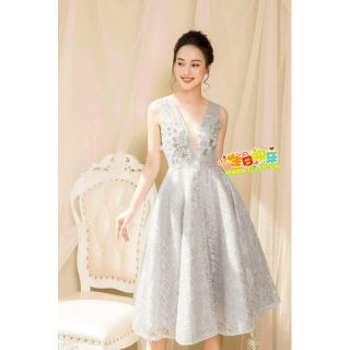 Đầm xòe kim sa*kèm ảnh thật* đính hoa 2 màu vàng xám siêu hot