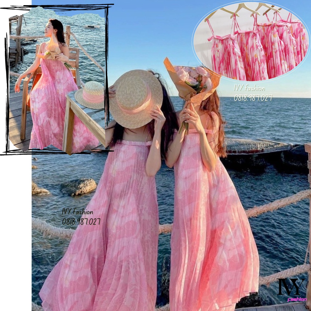 Đầm váy Maxi 🔥voan lót lụa🔥 dập ly hoa hồng 2 dây hở lưng Ivy fashion đi biển dự tiệc dạo phố bigsize gợi cảm sexy