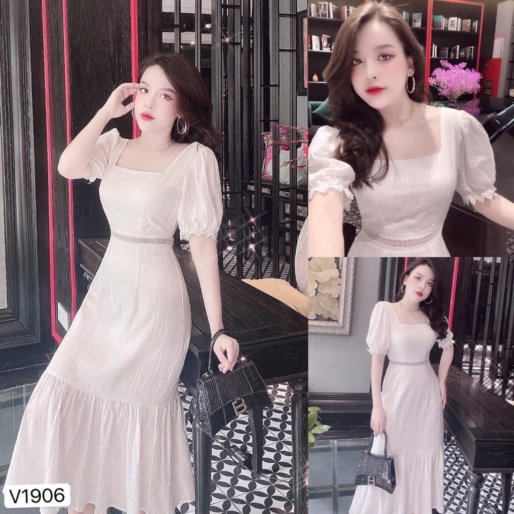 Đầm thiết kế chất ren hàn cao cấp hai lớp dáng xòe tiểu thư V1906 kèm ảnh thật trải sàn - Julie Design