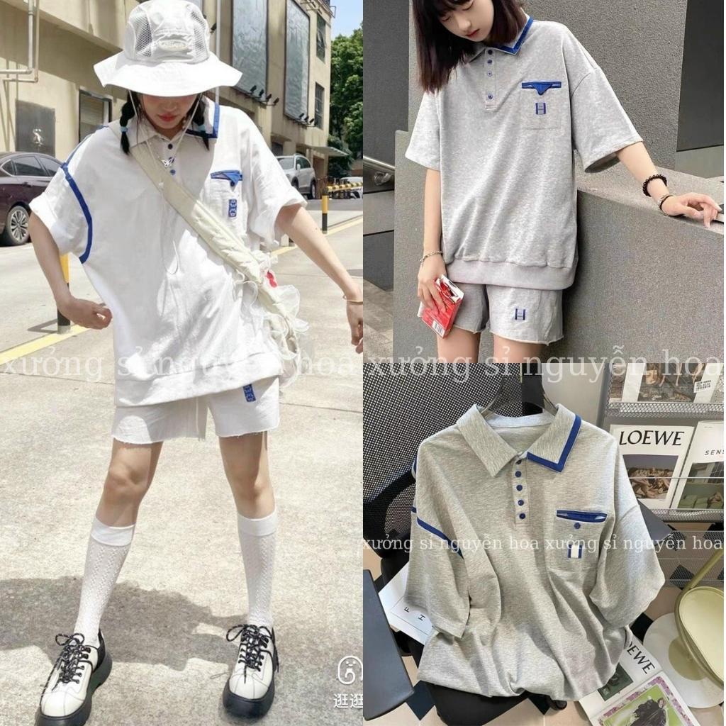 Sét bộ áo thun polo cổ phối xanh kèm quần đùi chun form rộng dáng unisex nam nữ mặc được 2 màu xám trắng
