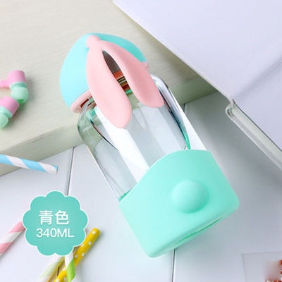 BLM Bình Nước Thuỷ Tinh Vỏ Bọc Silicon Nắp Thỏ Con Dễ Thương 350ML Hồng / Xanh Dương