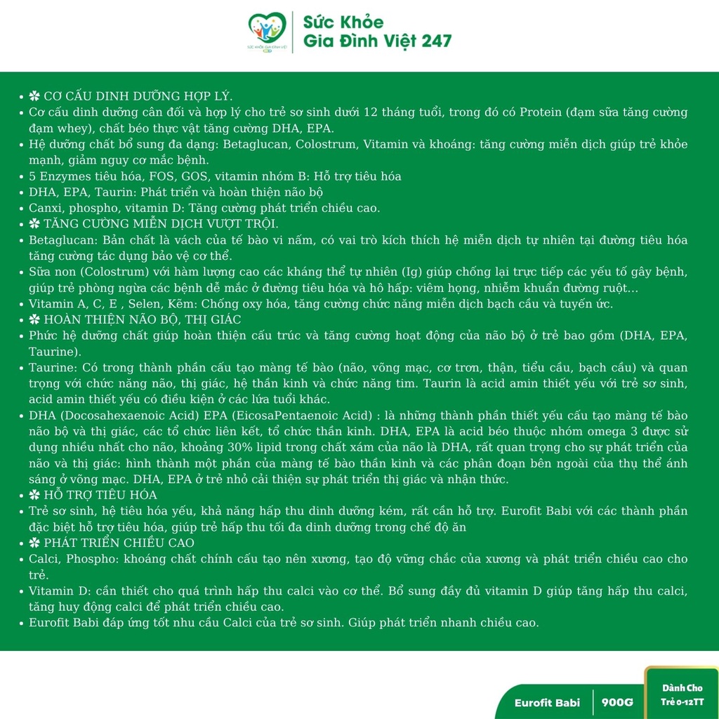 Sữa Eurofit Babi - 900G - Sữa Cho Bé Tăng Sức Đề Kháng Bé Ăn Ngon Tiêu Hóa Khỏe Mạnh Phát Triển Thị Giác