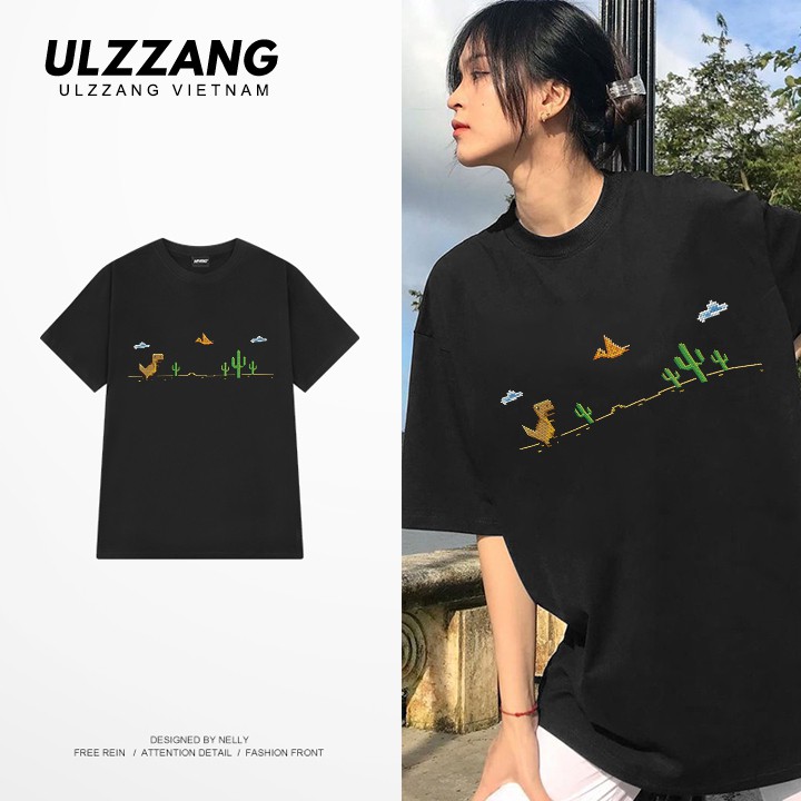 Áo thun tay lỡ ULZZANG cotton dáng unisex form rộng in hình khủng long disconect | BigBuy360 - bigbuy360.vn