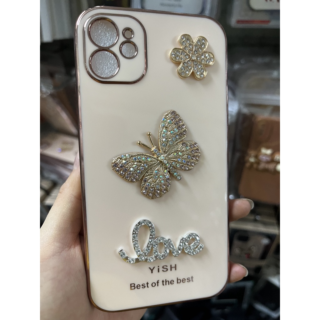 CUTE  Ốp lưng iphone cạnh vuông bảo vệ camera họa tiết Love bướm đính đá nổi 7 8 X XS 11 12 13 PLUS MAX