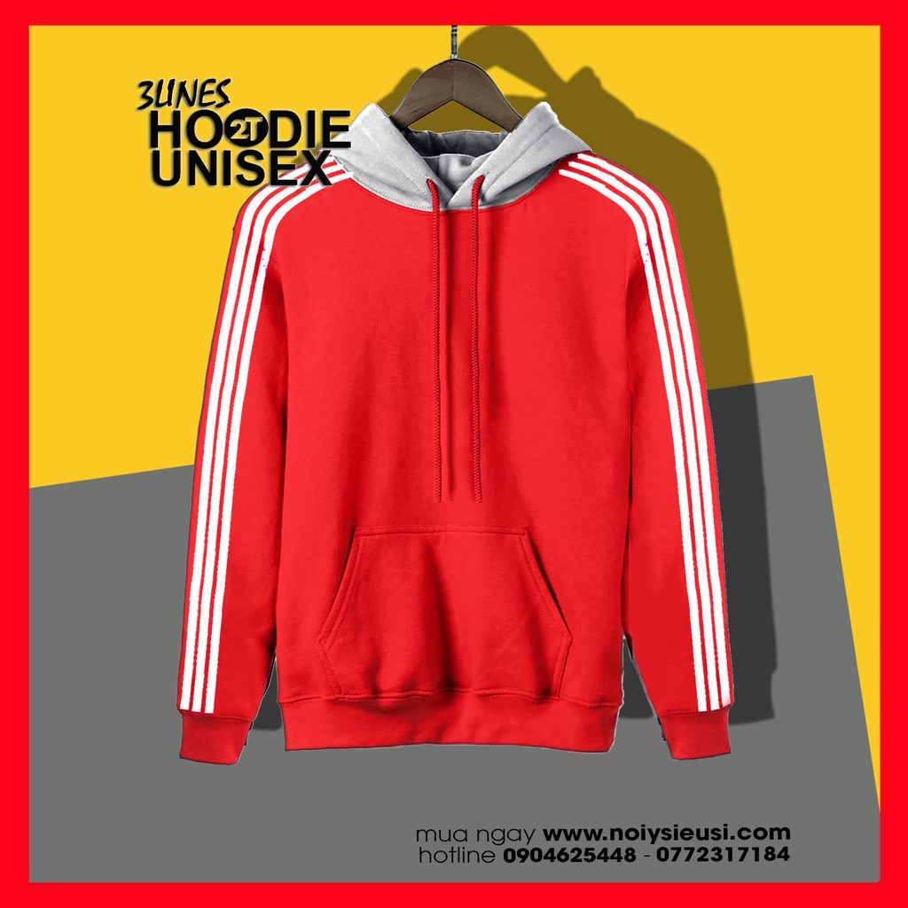 Áo Hoodie 3Lines nón xám unisex 2T Store H3L02 màu đỏ - Áo khoác nỉ chui đầu 3 sọc nón may 2 lớp dày dặn chất lượng | WebRaoVat - webraovat.net.vn