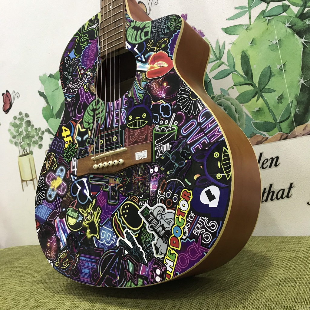 Đàn guitar acoustic trang trí sticker - Đặt mẫu theo sở thích - Tặng 6 phụ kiện kèm theo - Bảo hành 1 năm