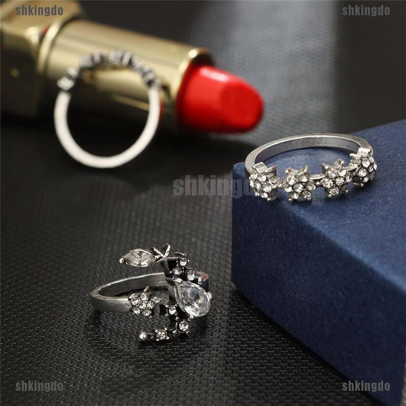 Bộ 5 nhẫn hình sao/ hoa đính đá lấp lánh phong cách vintage cho nữ