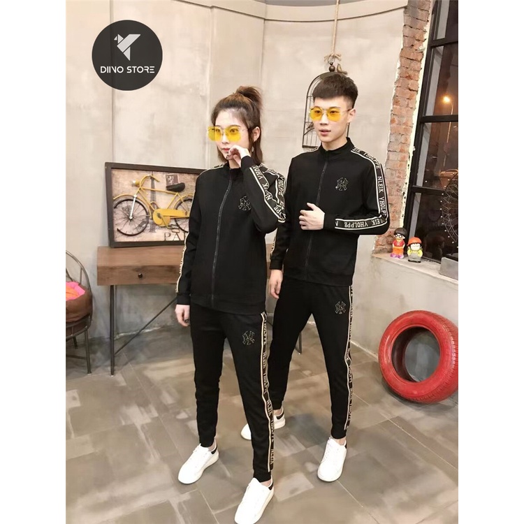 Bộ Thu Đông Nam Nữ Thêu Chữ, Quần Áo Thu Đông Nam Nữ Đen Dài Tay Có Cổ Cao Cấp Hàn Quốc - Dino store
