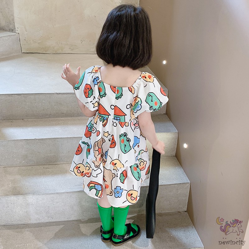 Đầm Tay Phồng Cổ Vuông In Họa Tiết Hoạt Hình Graffiti Phong Cách Hàn Quốc Cho Bé Gái