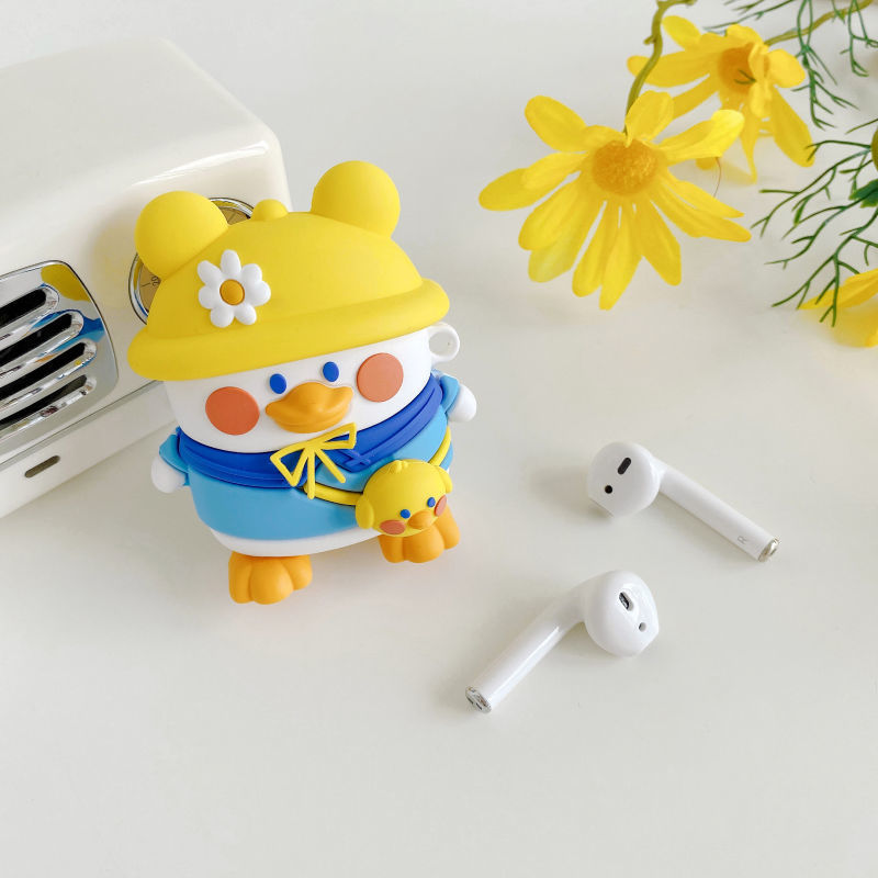 Vỏ Bảo Vệ Hộp Sạc Tai Nghe Airpods 1/2/Pro Bằng Silicon Hình Chú Vịt Đội Nón Dễ Thương