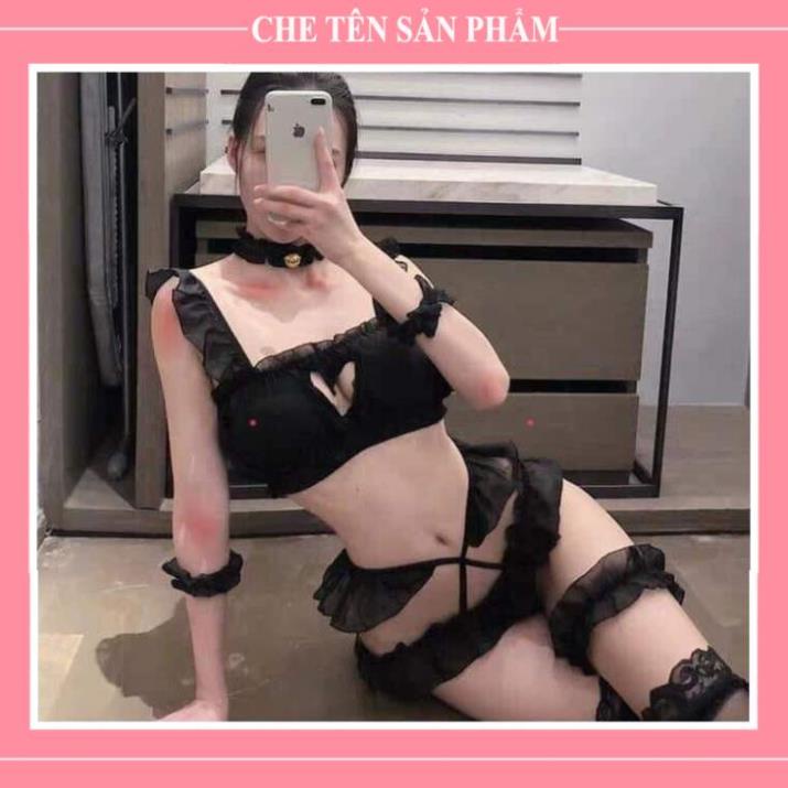 Bộ Đồ Ngủ Nữ Sexy Cosplay Nàng Lolita Siêu Quến Rũ, Đồ Lót Ren Chất Voan Cát Cao Cấp Đủ Phụ Kiện - Bikini LoX