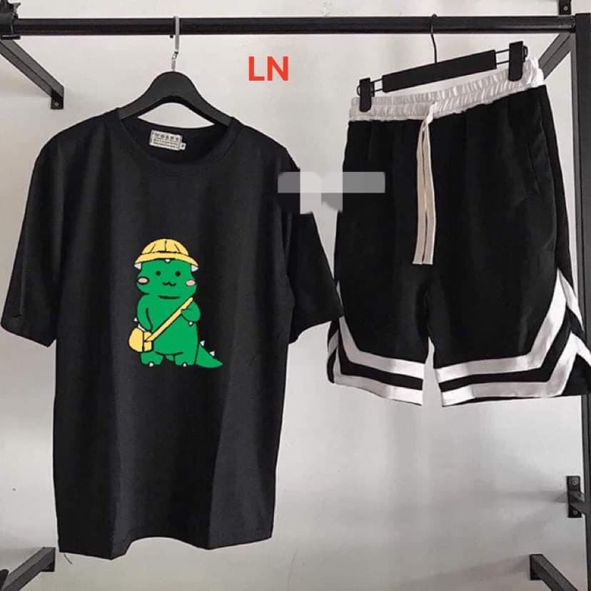 Sét áo phông tay lỡ khủng long xanh mũ vàng quần đùi V viền trắng