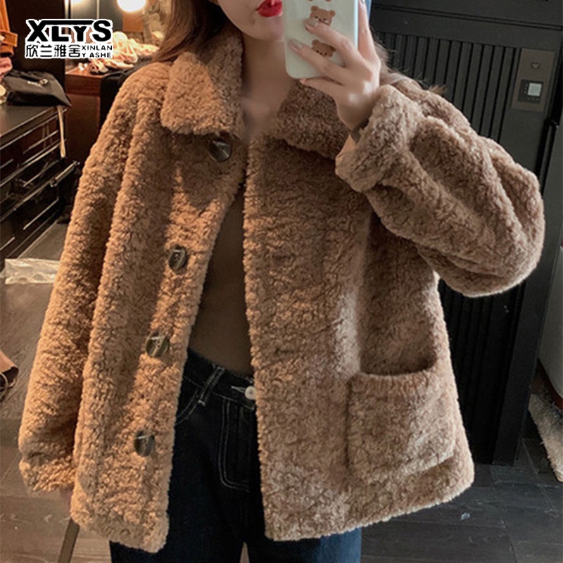 Áo khoác XINLANYASHE lông cừu dày tay dài dáng rộng thời trang Hàn Quốc thu đông dễ phối đồ cho nữ Áo khoác len lông cừu tay dài dáng rộng phong cách Hàn Quốc cho nữ áo khoác lông tim áo khoác