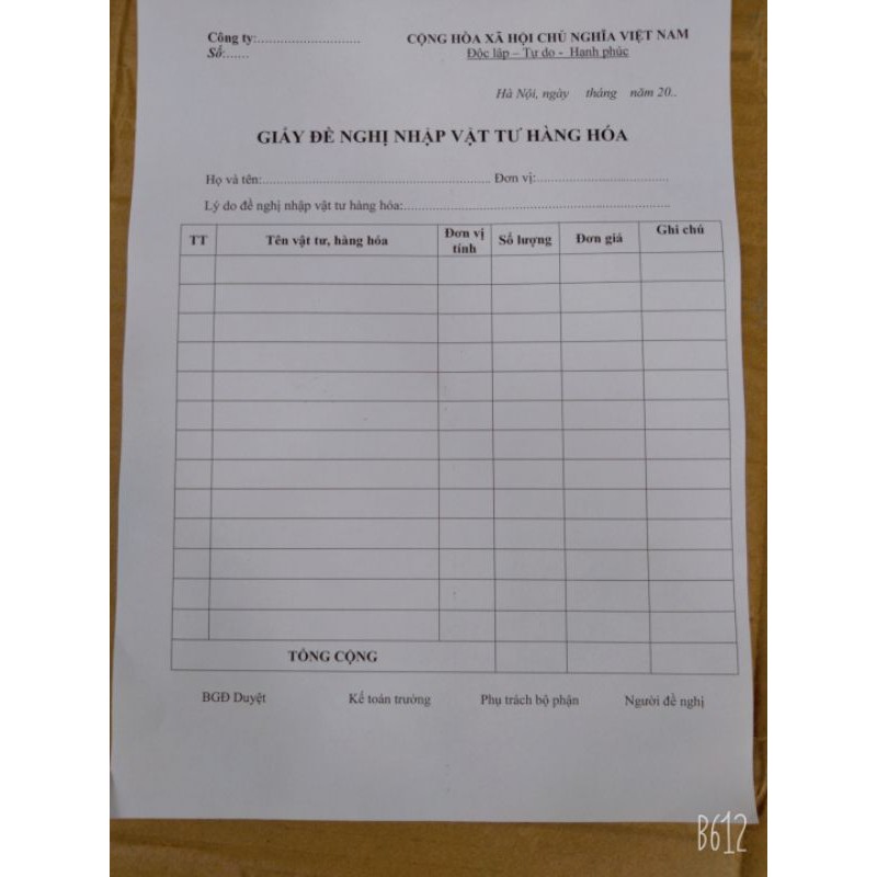 Sổ Đề nghị nhập vật tư hàng hoá, quyển to A4