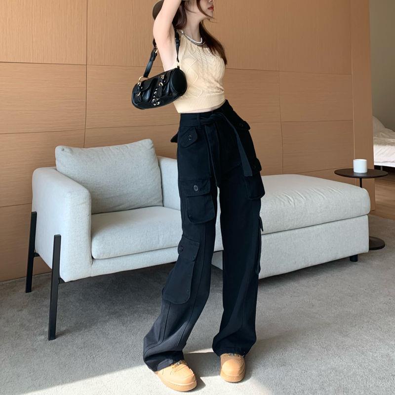 Quần Jean Đen Lưng Cao Ống Rộng Nhiều Túi Phong Cách Đường Phố Mỹ Thời Trang Thu Đông Cho Nữ