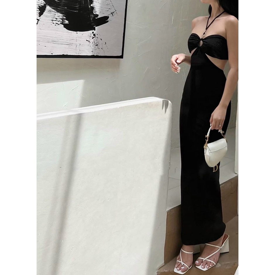 Đầm Midi Body Nữ Cổ Yếm Khoen Ngực Khoét Eo Sexy Chất Vải Xốp Mịn Co Giãn