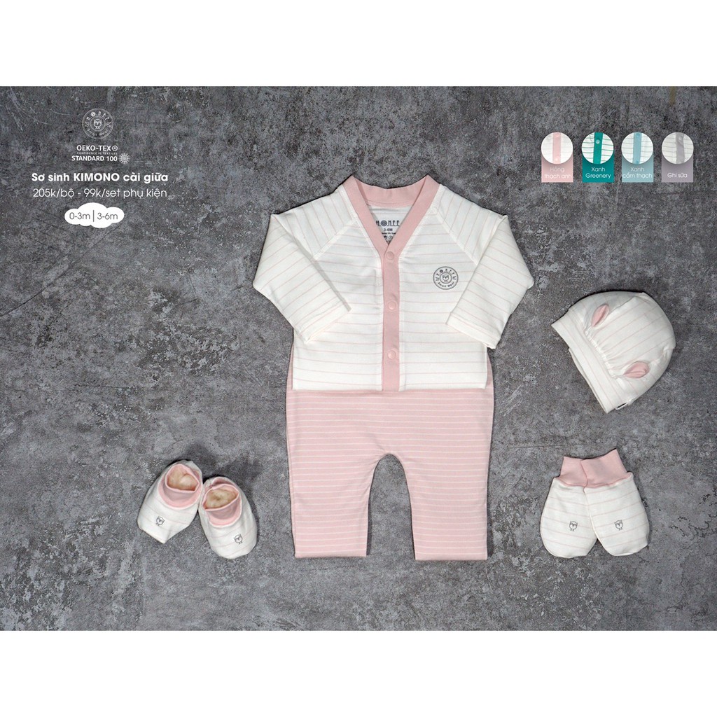Bộ Hrnee sơ sinh Kimono Modal kẻ chéo, cài thẳng dài tay