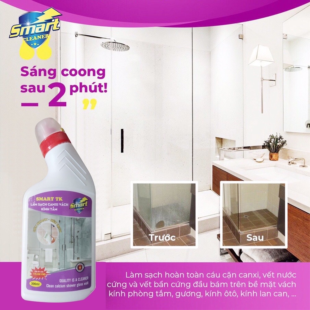 Nước Tẩy Rửa Cặn Canxi Trên Kính SMART TK - Vệ Sinh Sạch Cặn Bám Lâu Ngày Vách Kính Nhà Tắm, Gương