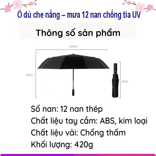 Ô dù che mưa, che nắng ngoài trời cầm tay chống tia UV bấm tự động gấp gọn hai chiều 12 nan