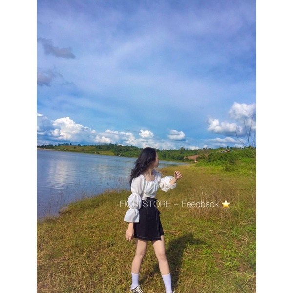 Áo croptop trễ vai tay dài nơ lưng cột nhiều kiểu chất voan mịn xinh tôn dáng- Mặc 2 kiểu 236 FIORI STORE