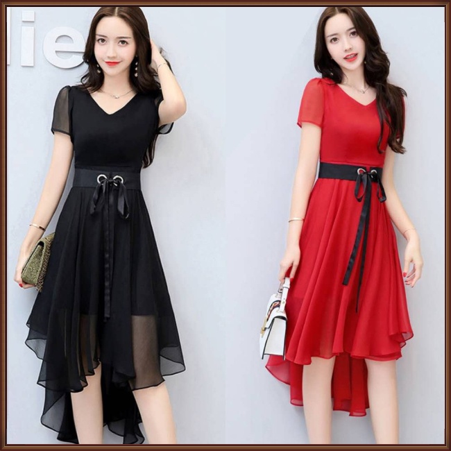 Đầm Voan Ngắn Tay Cổ Chữ V Thiết Kế Bất Đối Xứng Phối Dây Rút Thời Trang Cho Nữ