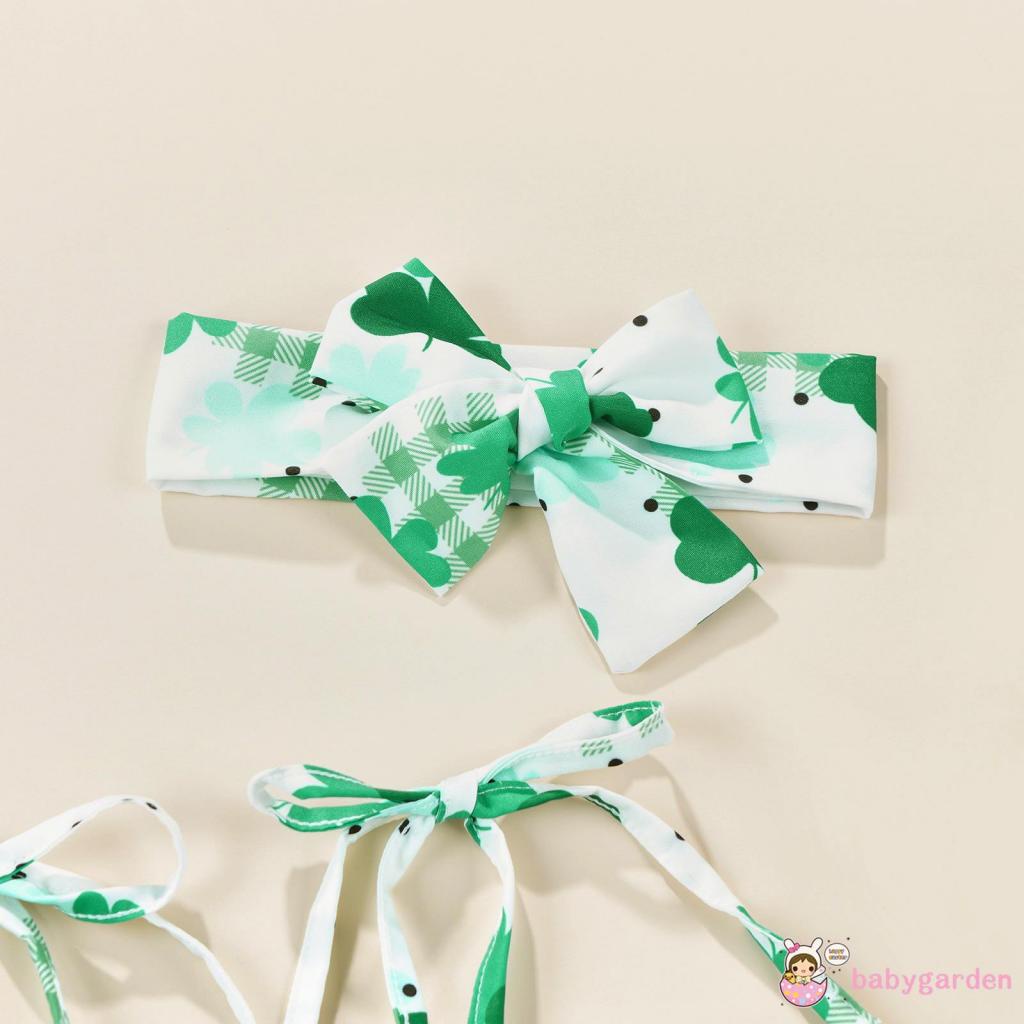 Đầm hai dây nhiều lớp in hình cỏ ba lá kèm băng đô dành cho bé gái 1-5 tuổi