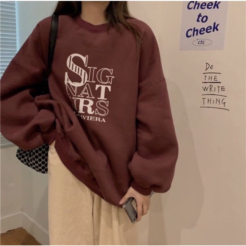 Set Nỉ SIGNATURS Nữ [FREESHIP]  Bộ đồ sweater form rộng, quần nhung tăm kèm áo nỉ ngoại màu ĐỎ Ulzzang