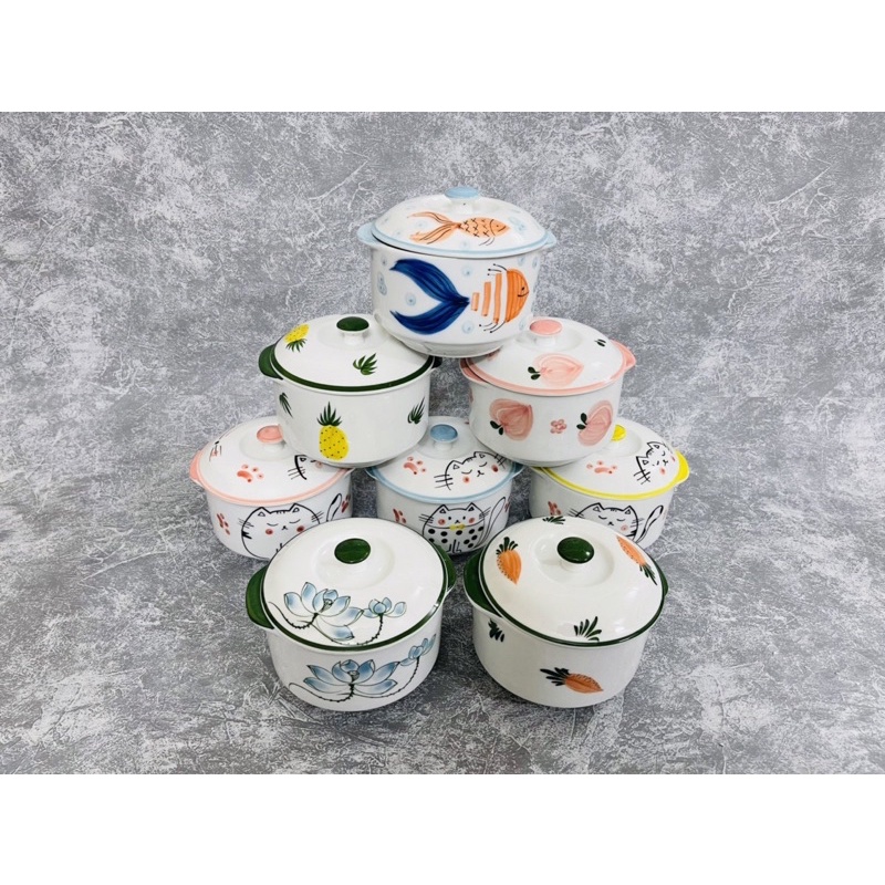 Thố nắp thố chưng yến gốm sứ Bát Tràng cao cấp dung tích 600ml cao 11cm đường kính 12cm