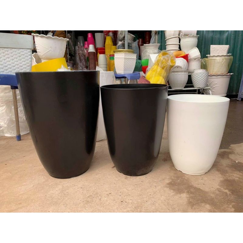 (47X35Cm) Chậu Nhựa Bom Đen/Trắng Giả Sứ Cao Cấp Siêu Bền Xịn_Chậu Bầu Đứng Dáng Cao Nhiều Size