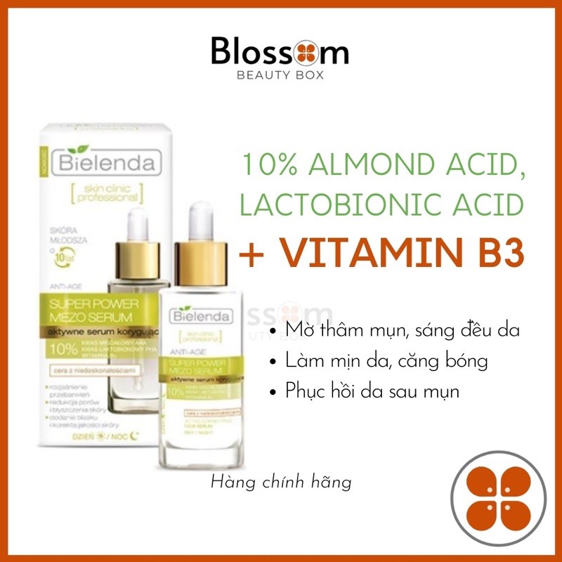 Serum da mụn, lão hoá SUPER MEZO Bielenda 10% almond acid, niacinamide