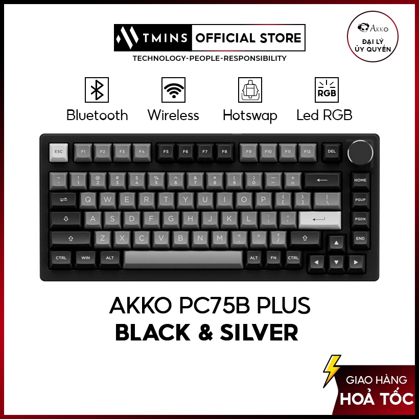 Bàn phím AKKO PC75B Plus Black & Silver (Bluetooth 5.0 / Wireless 2.4Ghz / Hotswap / Foam tiêu âm / AKKO CS Jelly switch