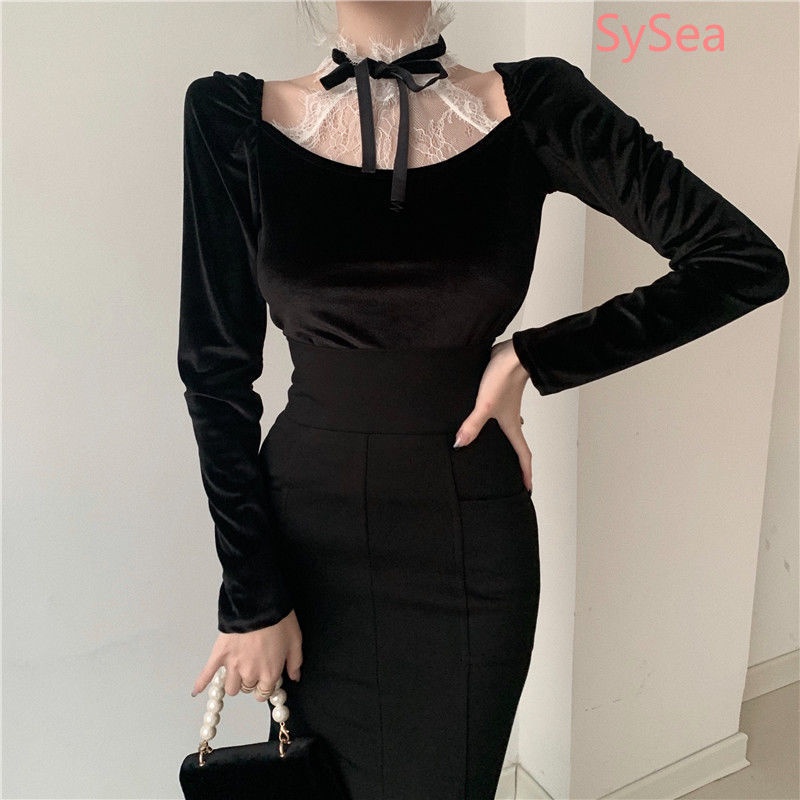 Áo Nhung Phối Ren Phong Cách Retro Cho Nữ