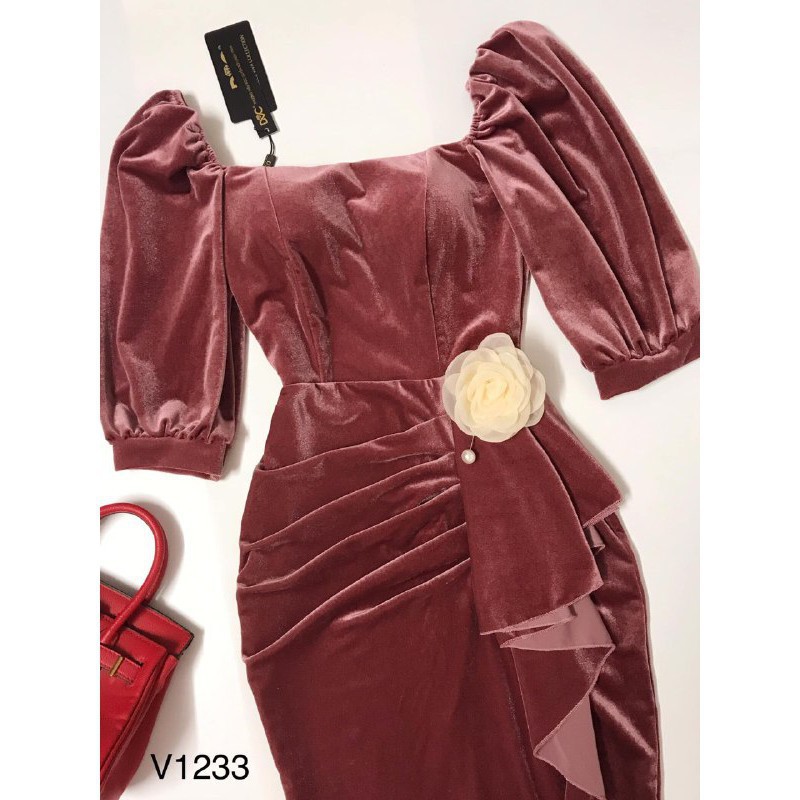 [ xả kho ] MiD Đầm nhung hàn cách điệu sang chảnh đính hoa eo V1233 kèm ảnh thật