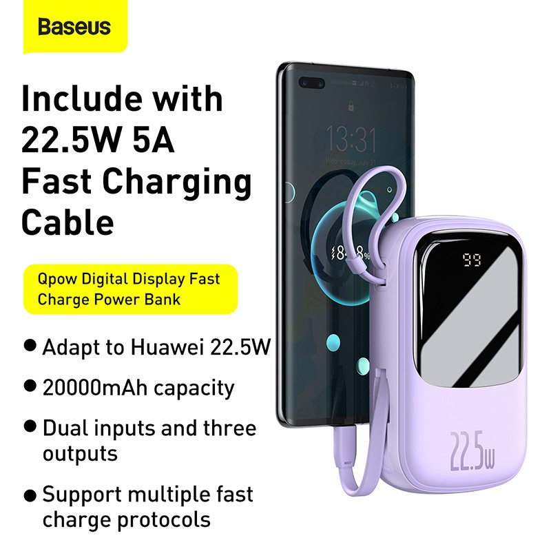 Baseus 20000mAh PD Fast Charging Portable Powerbank Built in Cables For Phone