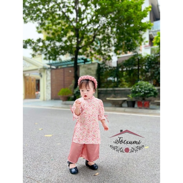 Set áo dài cách tan hoa nhí hồng cao cấp - Tocxumi