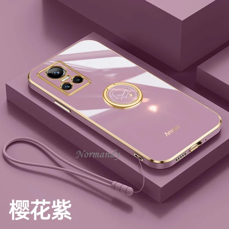 Vỏ điện thoại Ready Stock Casing Realme GT NEO 3 3T Neo2 2 Pro GT Master Edition 5G Straight Edge Plating Handphone Case TPU Softcase with Fashion Clock Ring Hand Strap Ultra Thin Back Cover