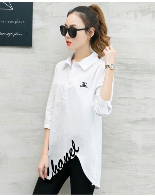Áo sơ mi form dài tà lệch đủ màu tay lửng bao xinh