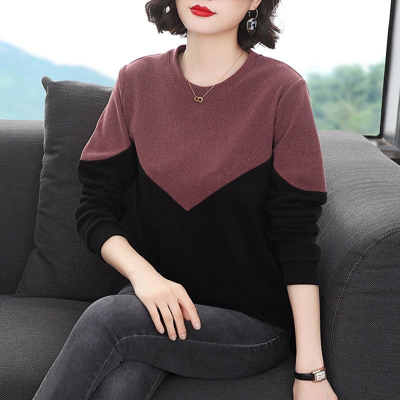 Áo len cotton tinh khiết của phụ nữ mới mùa thu và đông mẹ trung niên quần nước ngoài phong cách dài tay mặc bên