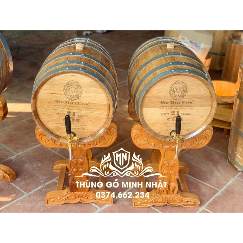 Thùng ngâm rượu gỗ sồi chân gỗ sao trạm trổ 50 lit