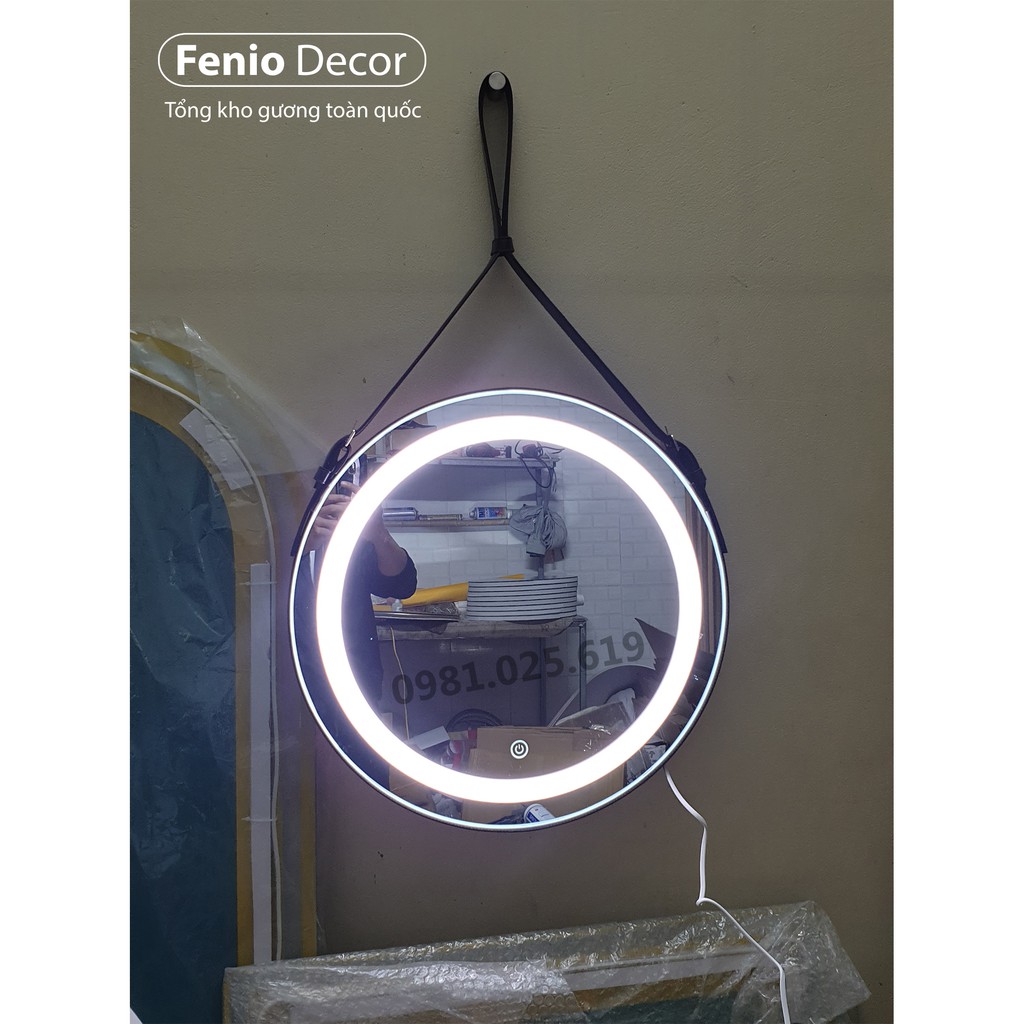 Gương dây da có đèn led treo tường Gương led cảm ứng hình tròn treo trang điểm decor phòng ngủ, phòng khách