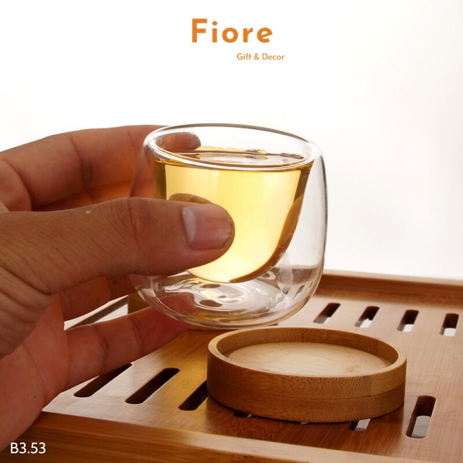 Cốc uống trà, chén uống trà thủy tinh 2 lớp - kèm lót gỗ - Thủy tinh Borosilicate chịu nhiệt - B3.53